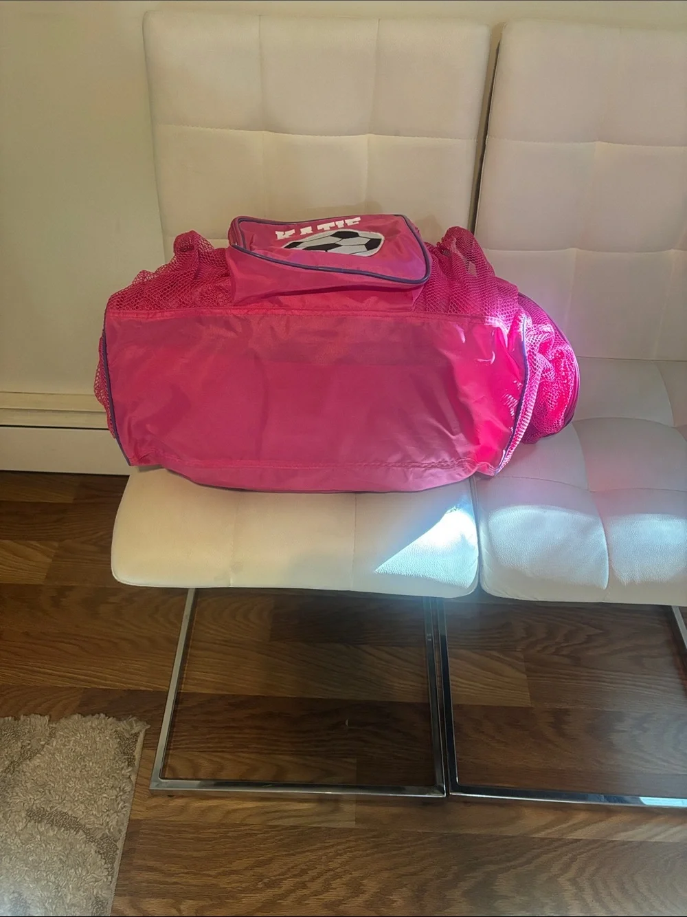 Personalized Pink Kids Soccer Duffel Bag with Purple adjustable Straps - Katie